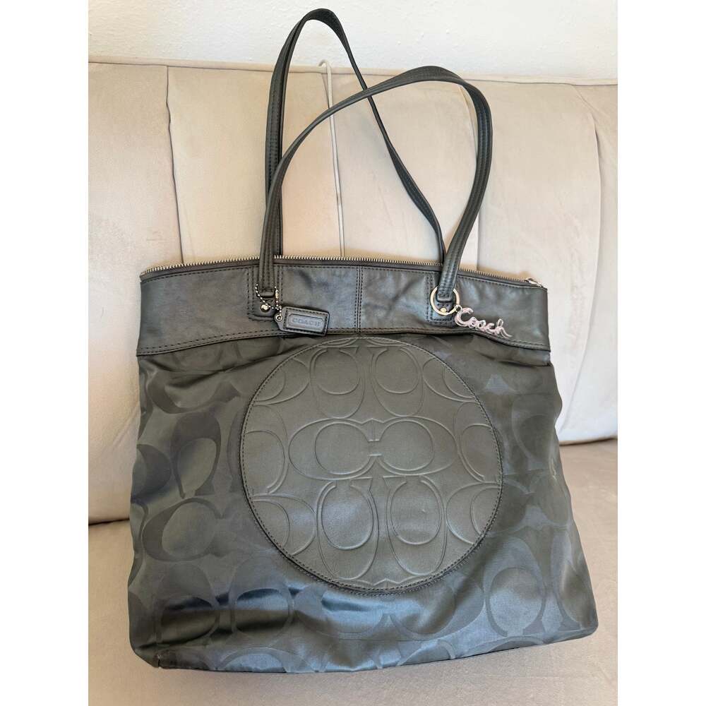 Coach Gray Signature C Logo Jacquard Leather Tote Shoulder Bag